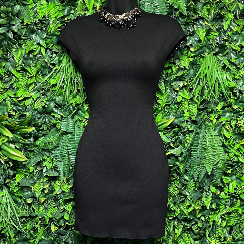 Zara Dress Small Black Cap Sleeve Bodycon Mini Mock Neck Stretch‎ Knit 3731 - Picture 2 of 8